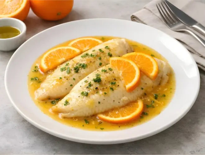 Lenguado a la naranja con salsa c&iacute;trica suave y rodajas de naranja en plato blanco, presentaci&oacute;n gourmet y luminosa.