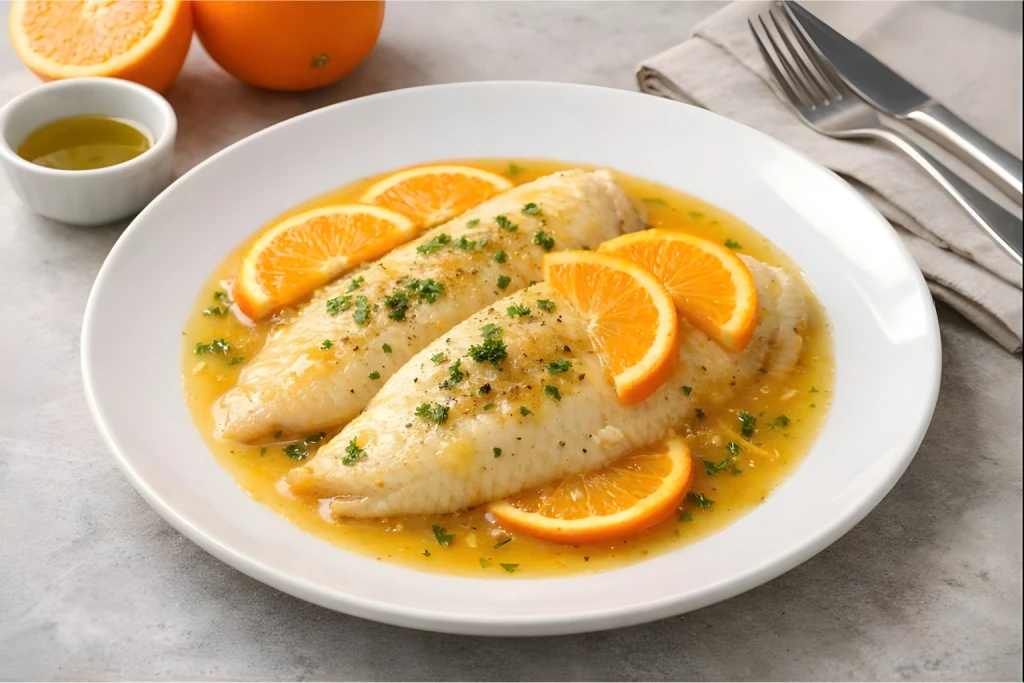 Lenguado a la naranja con salsa c&iacute;trica suave y rodajas de naranja en plato blanco, presentaci&oacute;n gourmet y luminosa.