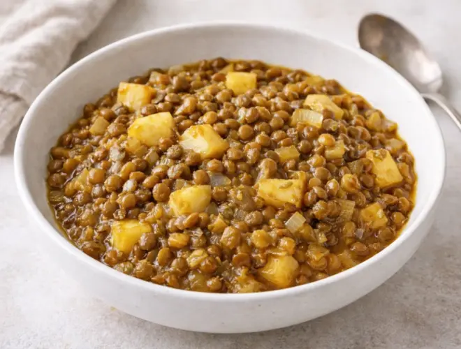 Texto alternativo (ALT):** Lentejas con manzana salteadas con cebolla y especias (curry, comino y c&uacute;rcuma) en cuenco blanco, fotograf&iacute;a luminosa.