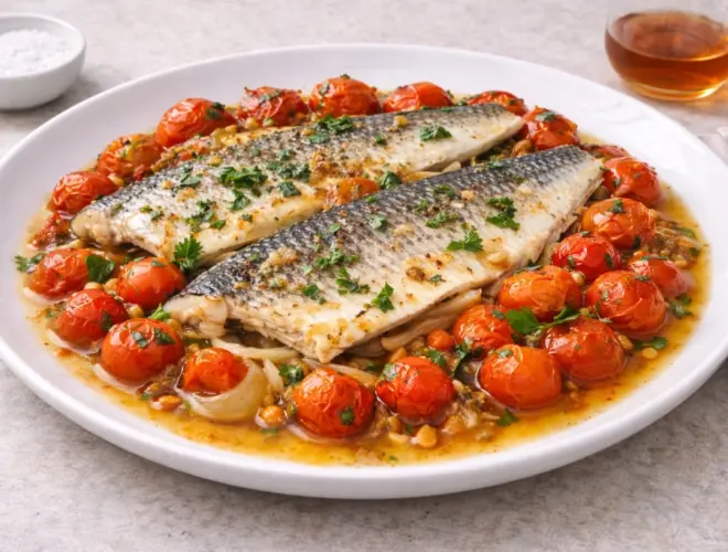 Lubina al horno con tomates al Jerez servida con tomates asados y salsa ligera de vino de Jerez, en plato blanco y luz natural