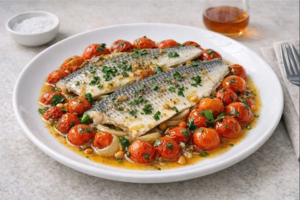 Lubina al horno con tomates al Jerez servida con tomates asados y salsa ligera de vino de Jerez, en plato blanco y luz natural