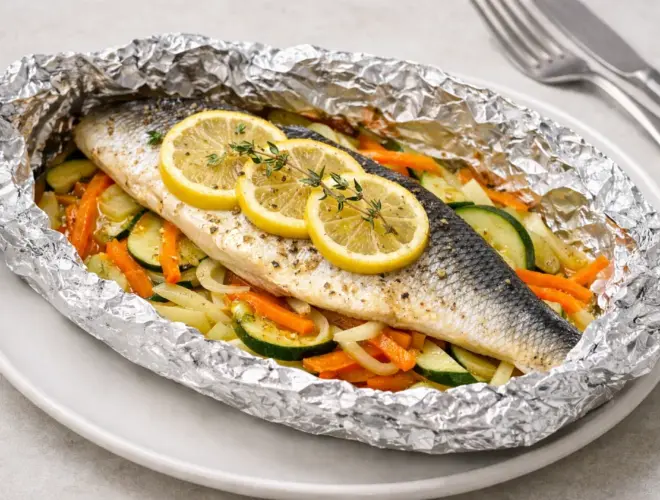 Lubina al papillote al horno con calabac&iacute;n, zanahoria, cebolla, lim&oacute;n y tomillo, servida muy jugosa en papillote abierto.