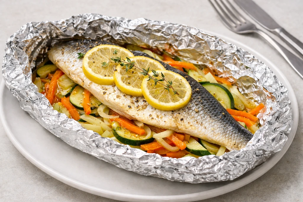 Lubina al papillote al horno con calabac&iacute;n, zanahoria, cebolla, lim&oacute;n y tomillo, servida muy jugosa en papillote abierto.