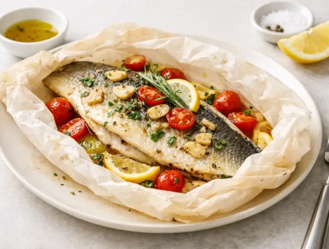 Lubina en papel de horno a la plancha, jugosa y ligera, abierta en el papillote con piment&oacute;n, hierbas y aceite de oliva