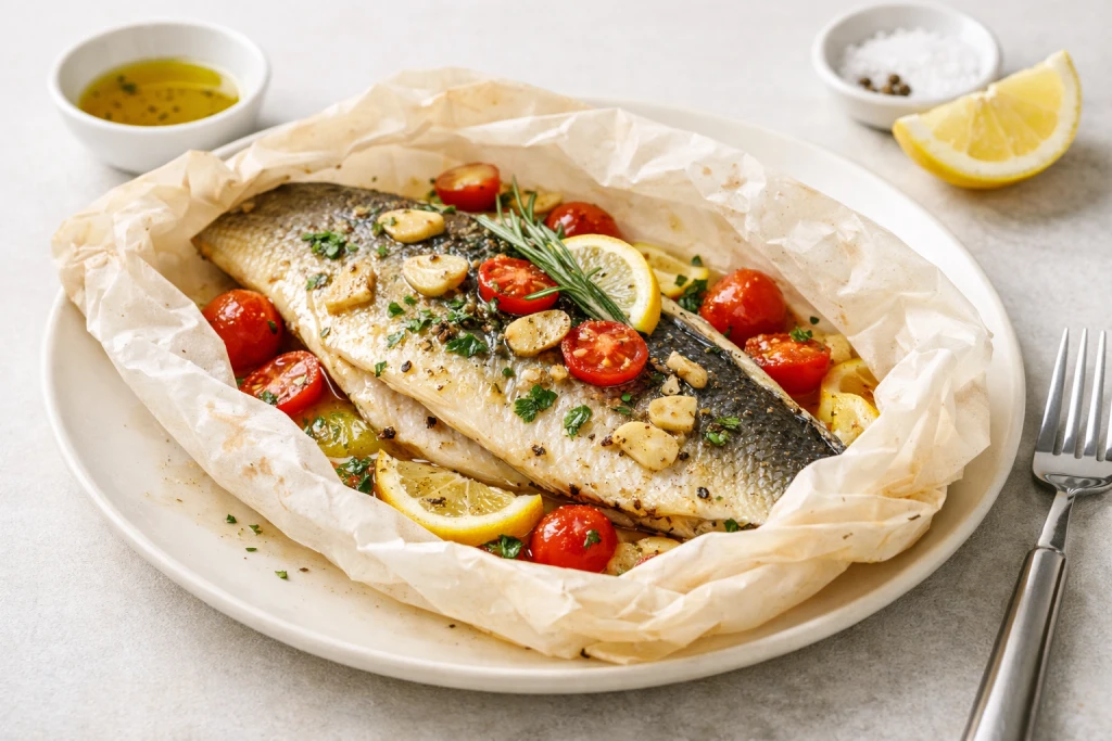 Lubina en papel de horno a la plancha, jugosa y ligera, abierta en el papillote con piment&oacute;n, hierbas y aceite de oliva