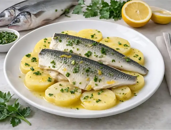 Lubina hervida con patatas servida con verduras cocidas y aceite de oliva, en plato blanco y luz natural