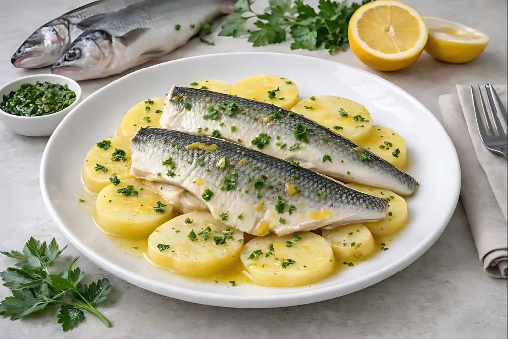 Lubina hervida con patatas servida con verduras cocidas y aceite de oliva, en plato blanco y luz natural