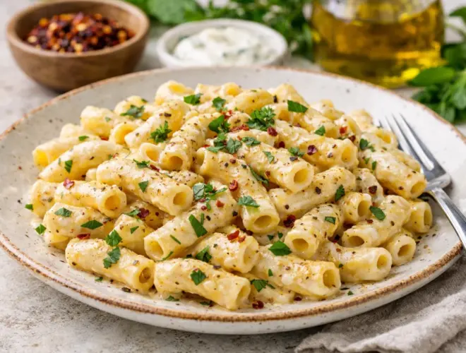 Macarrones con yogur y especias con salsa cremosa, ajo y hierbas, servidos en plato sobre fondo neutro.
