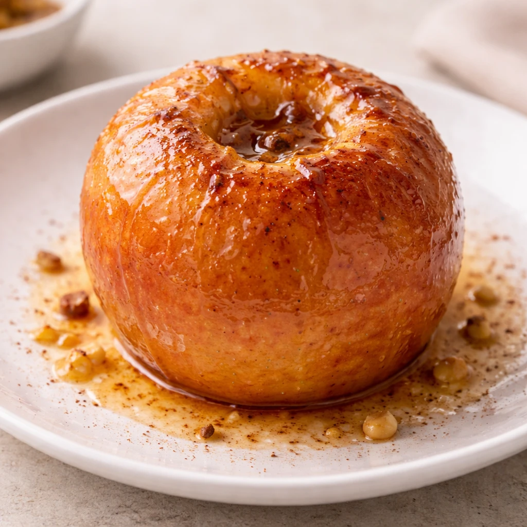 Manzana asada al horno con piel brillante y pulpa tierna, presentada en plato blanco sobre fondo neutro, estilo gourmet luminoso.