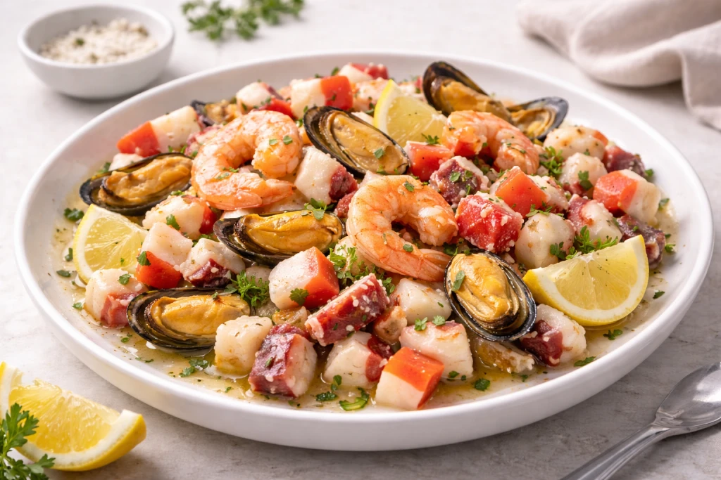 Marisco fr&iacute;o con gambas, mejillones, pulpo y surimi en plato blanco, con lim&oacute;n y perejil, foto realista muy luminosa y fondo neutro