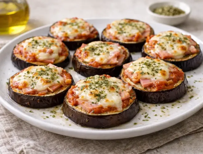Medallones de berenjenas al horno con tomate, jamón york y queso fundido, espolvoreados con orégano, en plato blanco