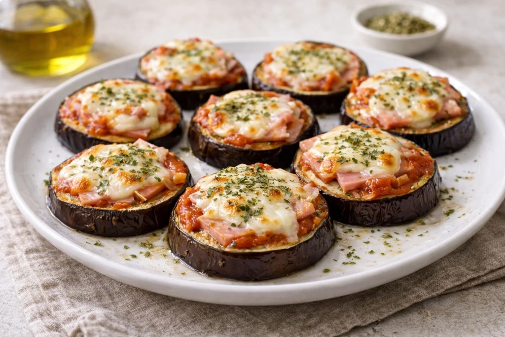 Medallones de berenjenas al horno con tomate, jam&oacute;n york y queso fundido, espolvoreados con or&eacute;gano, en plato blanco