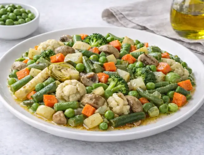 Menestra de verduras casera con zanahoria, jud&iacute;as verdes, alcachofas, coles de Bruselas, esp&aacute;rragos y guisantes servida caliente.