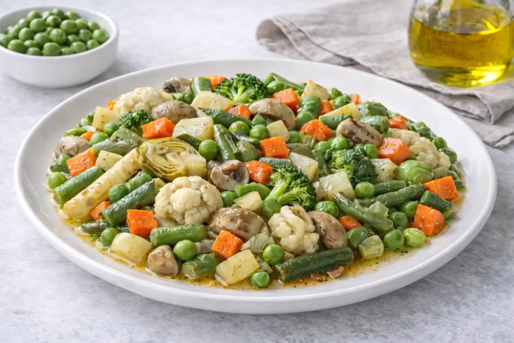 Menestra de verduras casera con zanahoria, jud&iacute;as verdes, alcachofas, coles de Bruselas, esp&aacute;rragos y guisantes servida caliente.