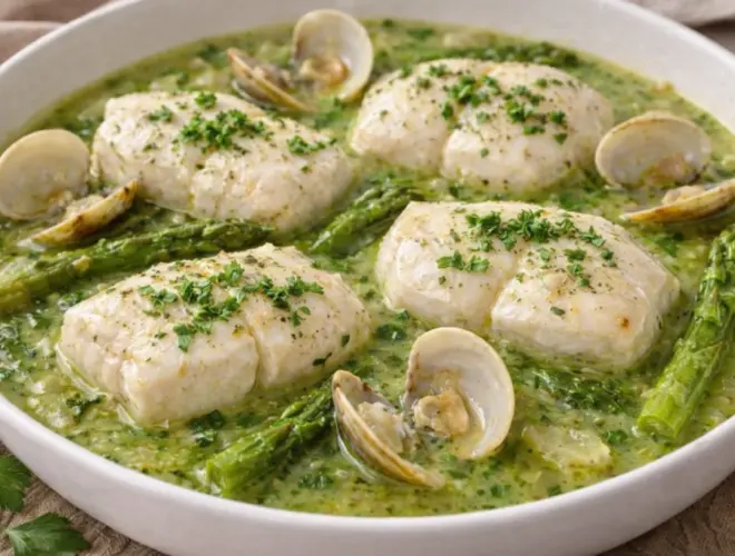 Merluza en salsa verde con almejas en plato blanco, salsa verde brillante con perejil, fotograf&iacute;a muy luminosa y realista sobre fondo neutro