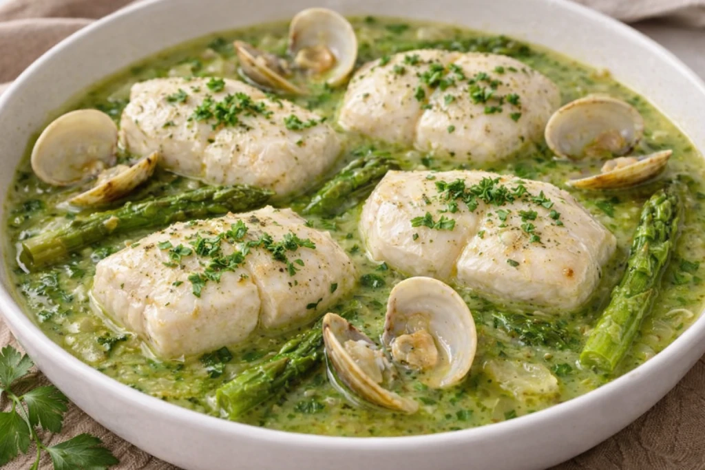 Merluza en salsa verde con almejas en plato blanco, salsa verde brillante con perejil, fotograf&iacute;a muy luminosa y realista sobre fondo neutro