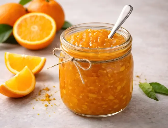 Tarro de mermelada de naranja amarga light casera con trocitos de piel, acompa&ntilde;ado de naranjas y gajos sobre fondo neutro y luz natural