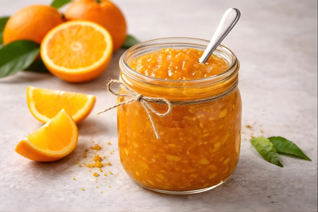 Tarro de mermelada de naranja amarga light casera con trocitos de piel, acompa&ntilde;ado de naranjas y gajos sobre fondo neutro y luz natural