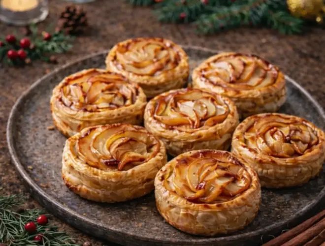 Mini tartitas de manzana con hojaldre dorado y manzana en espiral, postre navide&ntilde;o f&aacute;cil