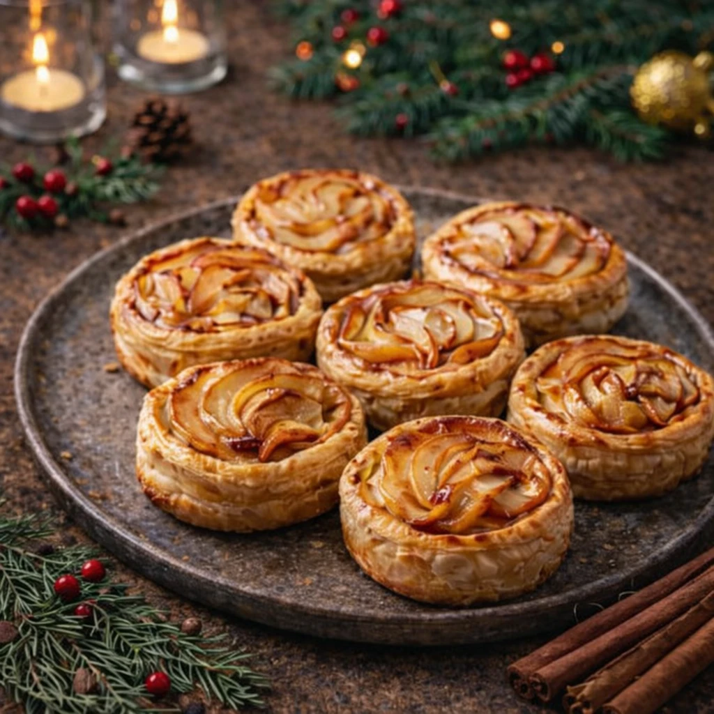 Mini tartitas de manzana con hojaldre dorado y manzana en espiral, postre navide&ntilde;o f&aacute;cil