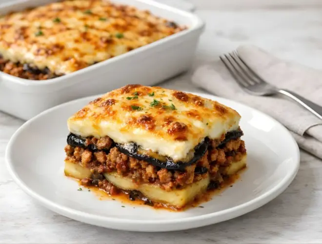 Mousaka griega saludable gratinada con berenjena, patata, carne y bechamel ligera, servida en porci&oacute;n.