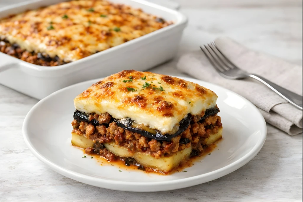 Mousaka griega saludable gratinada con berenjena, patata, carne y bechamel ligera, servida en porci&oacute;n.