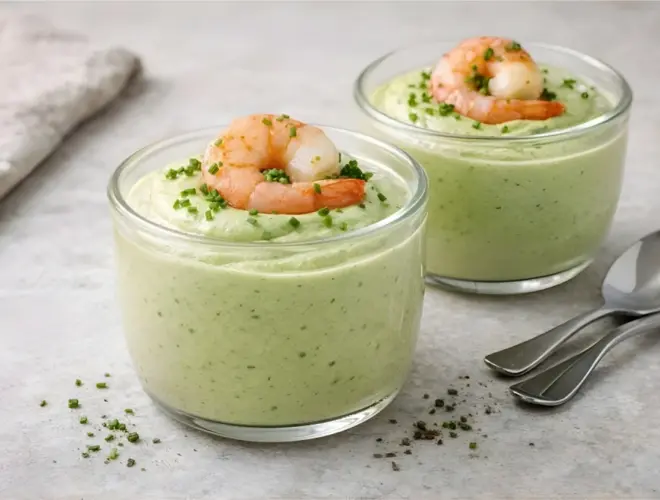 Mouse de calabac&iacute;n cremoso servido en vasitos, con gambas salteadas y cebollino, en fotograf&iacute;a luminosa sobre fondo neutro