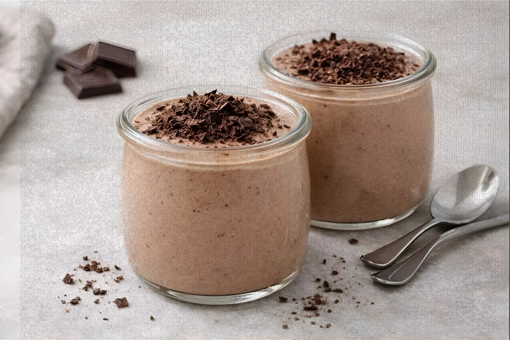 Mouse light de chocolate servido en tarros de cristal, con virutas de chocolate negro por encima, fotograf&iacute;a luminosa sobre fondo neutro