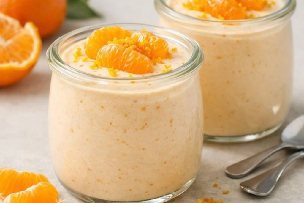 Mouse light de mandarina en tarros de cristal con gajos de mandarina y ralladura, fotograf&iacute;a luminosa sobre fondo neutro