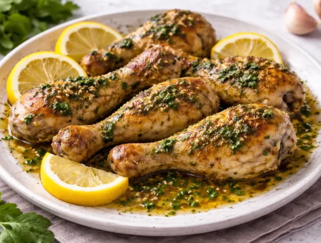 Muslos de pollo marinados con ajo y piment&oacute;n al horno, con salsa brillante de piment&oacute;n y ajo sobre plato blanco