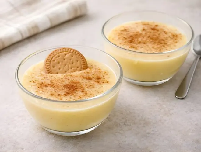 Natillas caseras bajas en calorías en cuencos de cristal, con canela espolvoreada y galleta María opcional