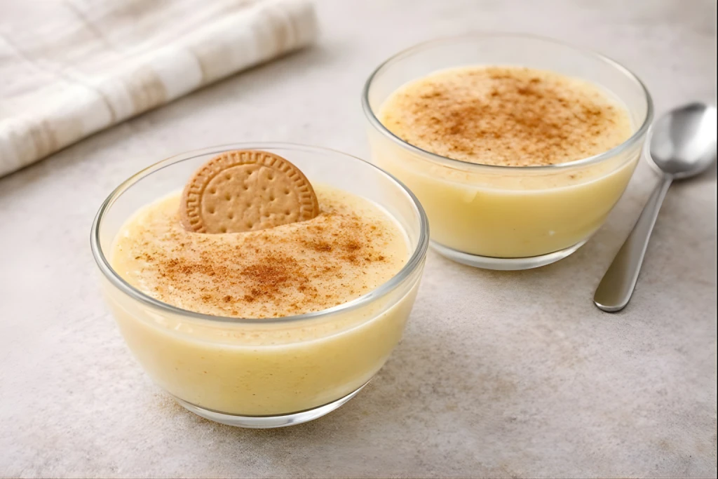 Natillas caseras bajas en calor&iacute;as en cuencos de cristal, con canela espolvoreada y galleta Mar&iacute;a opcional
