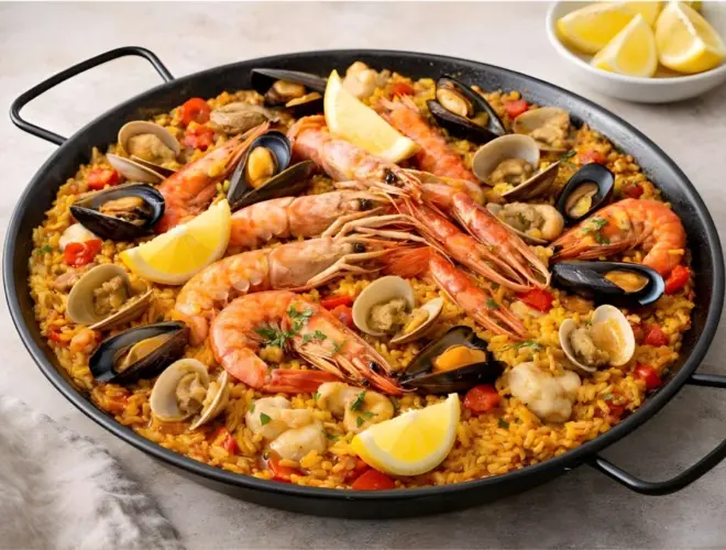 Paella de marisco en paellera con arroz dorado, gambas, mejillones y almejas, fotografiada con luz natural y fondo neutro.