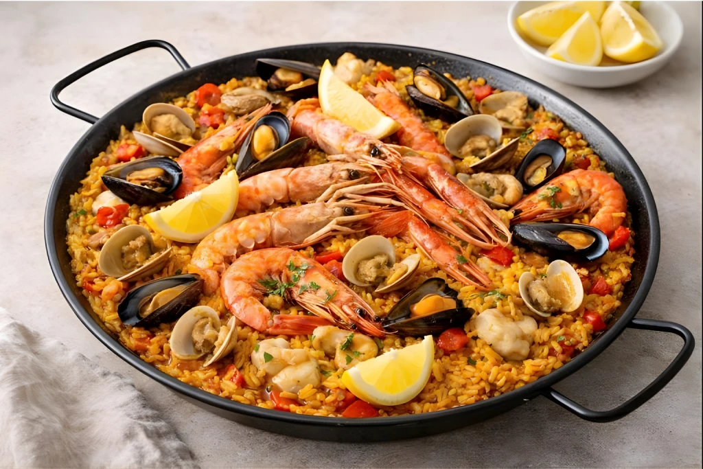 Paella de marisco en paellera con arroz dorado, gambas, mejillones y almejas, fotografiada con luz natural y fondo neutro.