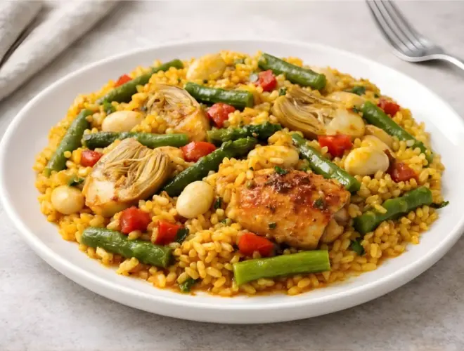 Paella de pollo casera con arroz, pollo y verduras servida en plato blanco con luz natural