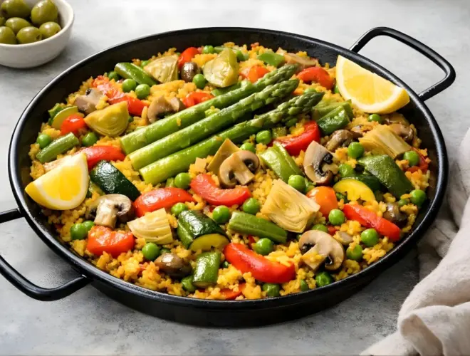 Paella de verdura con arroz de grano redondo, jud&iacute;as verdes, alcachofas, garrof&oacute;n y esp&aacute;rragos verdes servida en plato blanco con luz natural