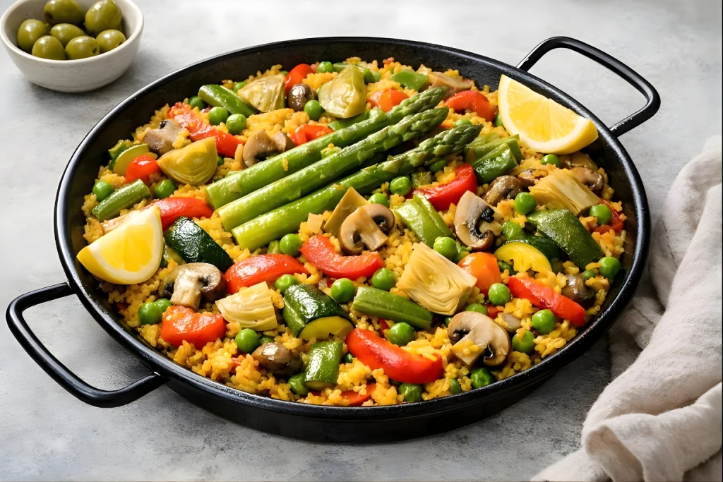 Paella de verdura con arroz de grano redondo, jud&iacute;as verdes, alcachofas, garrof&oacute;n y esp&aacute;rragos verdes servida en plato blanco con luz natural