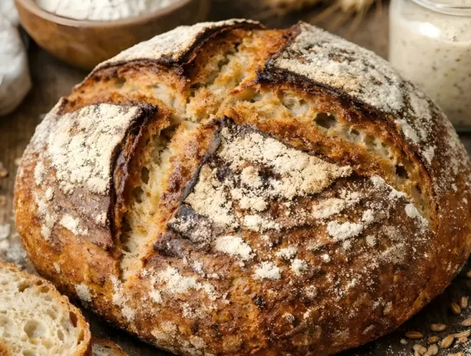 Pan casero de masa madre de espelta reci&eacute;n horneado con corteza crujiente y miga aireada sobre fondo neutro.