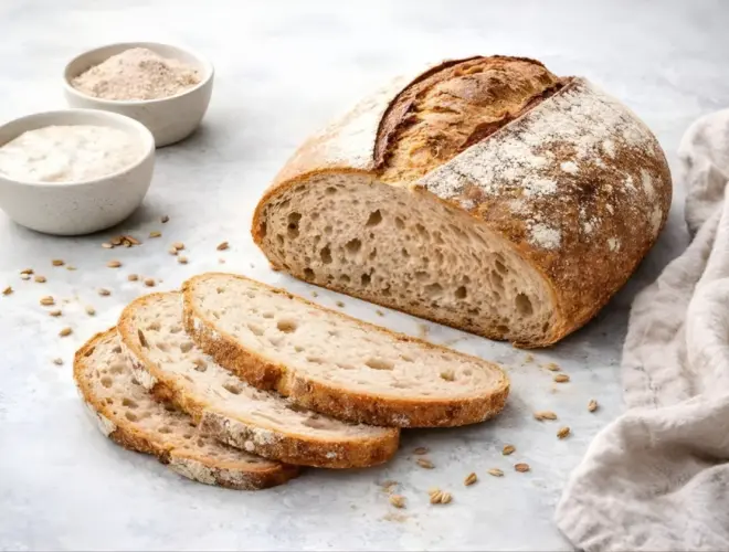 Pan casero de masa madre semi integral cortado en rebanadas, con corteza crujiente y miga alveolada sobre fondo neutro