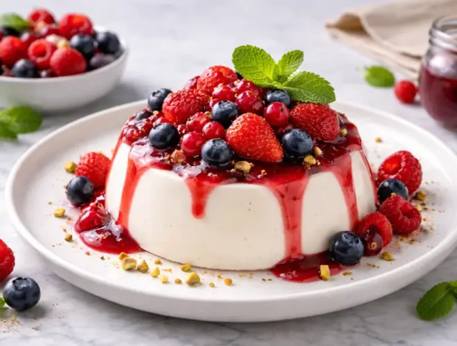 Panna cotta de yogur con coulis de frutos rojos en vasitos, postre navide&ntilde;o ligero