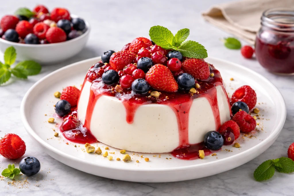 Panna cotta de yogur con coulis de frutos rojos en vasitos, postre navide&ntilde;o ligero