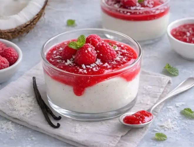 Panna cotta ligera de coco y vainilla servida en vaso, con coulis de frambuesa natural y frambuesas frescas