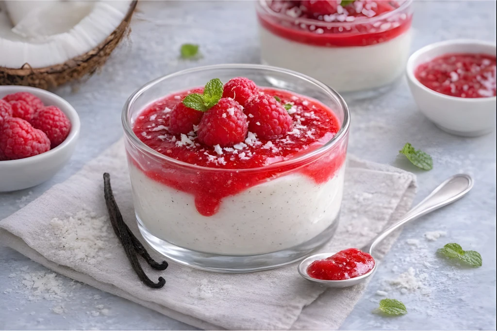 Panna cotta ligera de coco y vainilla servida en vaso, con coulis de frambuesa natural y frambuesas frescas