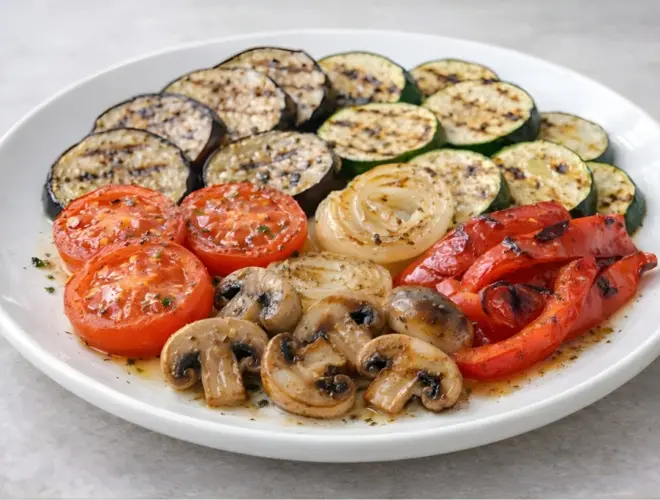 Parrillada de verdura al horno con berenjena, calabac&iacute;n, cebolla, tomate, pimiento rojo y champi&ntilde;ones, servida en plato blanco con luz natural