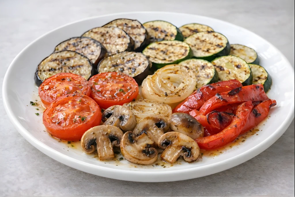 Parrillada de verdura al horno con berenjena, calabac&iacute;n, cebolla, tomate, pimiento rojo y champi&ntilde;ones, servida en plato blanco con luz natural