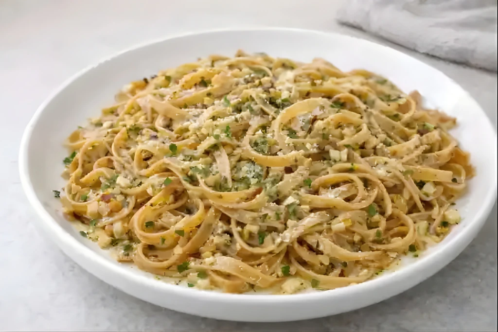 Pasta integral con ajo y especias salteada con ajo picado, aceite de oliva y queso rallado, servida en plato blanco con luz natural.