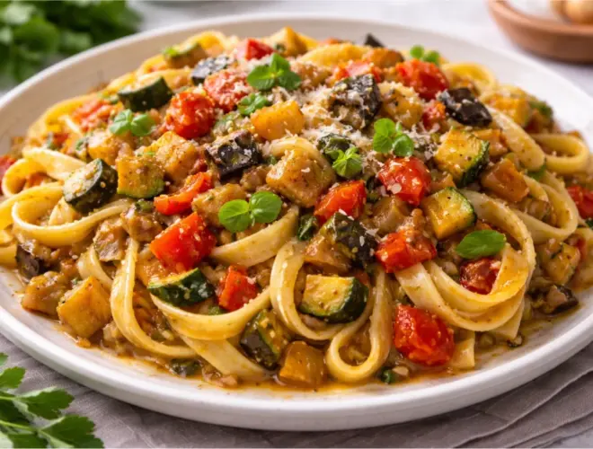 Pasta con pisto casero servida en plato blanco, con salsa de verduras tipo pisto y acabado con hierbas frescas, en fotograf&iacute;a luminosa y realista.