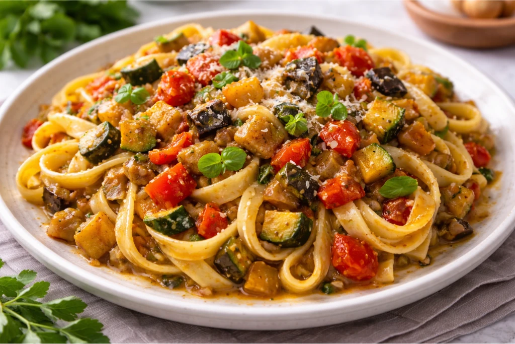 Pasta con pisto casero servida en plato blanco, con salsa de verduras tipo pisto y acabado con hierbas frescas, en fotograf&iacute;a luminosa y realista.