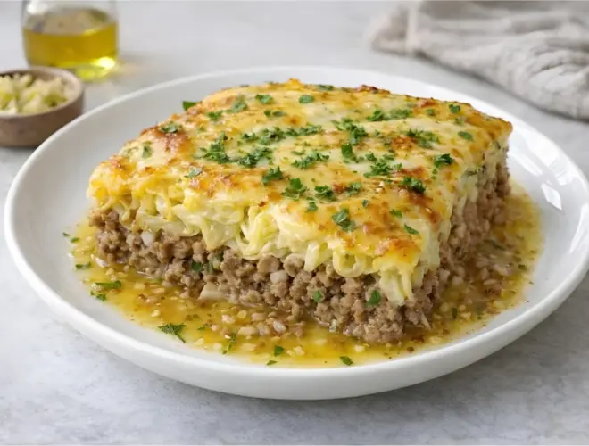 Pastel de col con carne al horno con capa gratinada, col tierna y ternera picada, servido en plato blanco con luz natural y fondo neutro.
