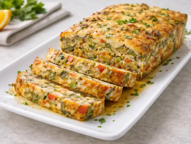 Pastel de verduras al horno, cortado en porciones, con verduras visibles y queso gratinado, servido en plato